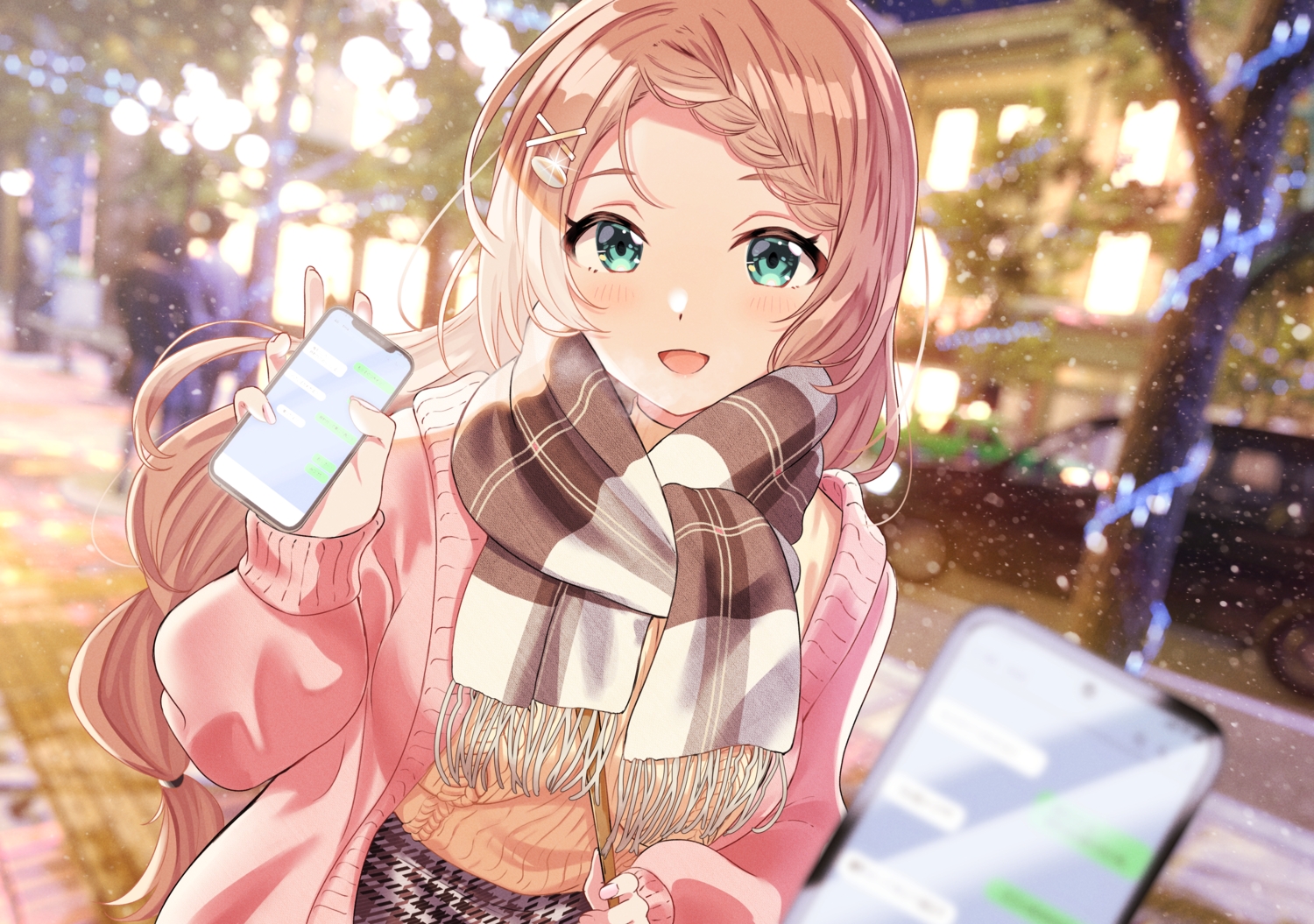 blush, braids, brown_hair, building, car, city, green_eyes, long_hair
