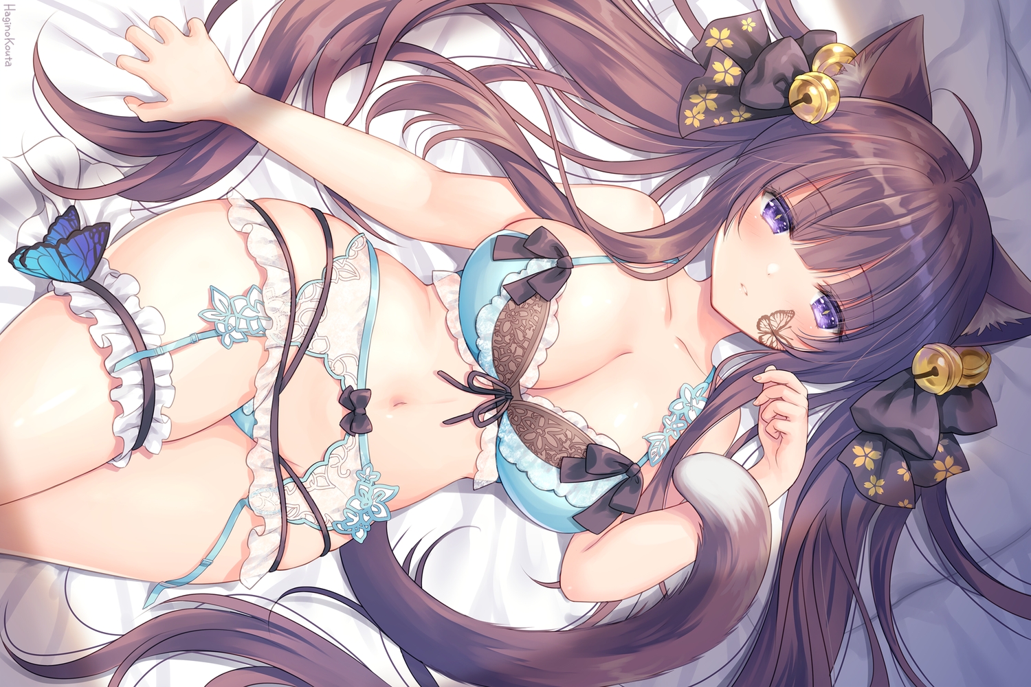animal_ears, bell, bra, breasts, brown_hair, catgirl, cleavage, garter_belt, hagino_kouta, long_hair, navel, original, panties, purple_eyes, signed, stockings, tail, tattoo, underwear