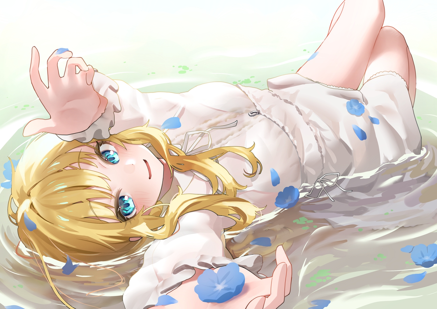 aqua_eyes, blonde_hair, blush, dress, flowers, idolmaster, idolmaster_cinderella_girls, long_hair, ningen_mame, ootsuki_yui, petals, water
