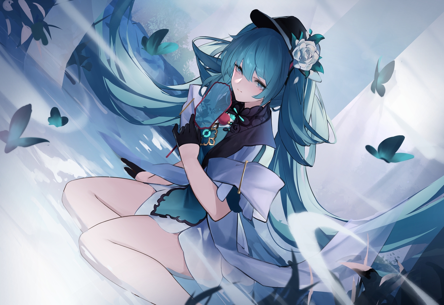 butterfly, chinese_clothes, dress, fan, gloves, hat, hatsune_miku, long_hair, muta_(csw), twintails, vocaloid