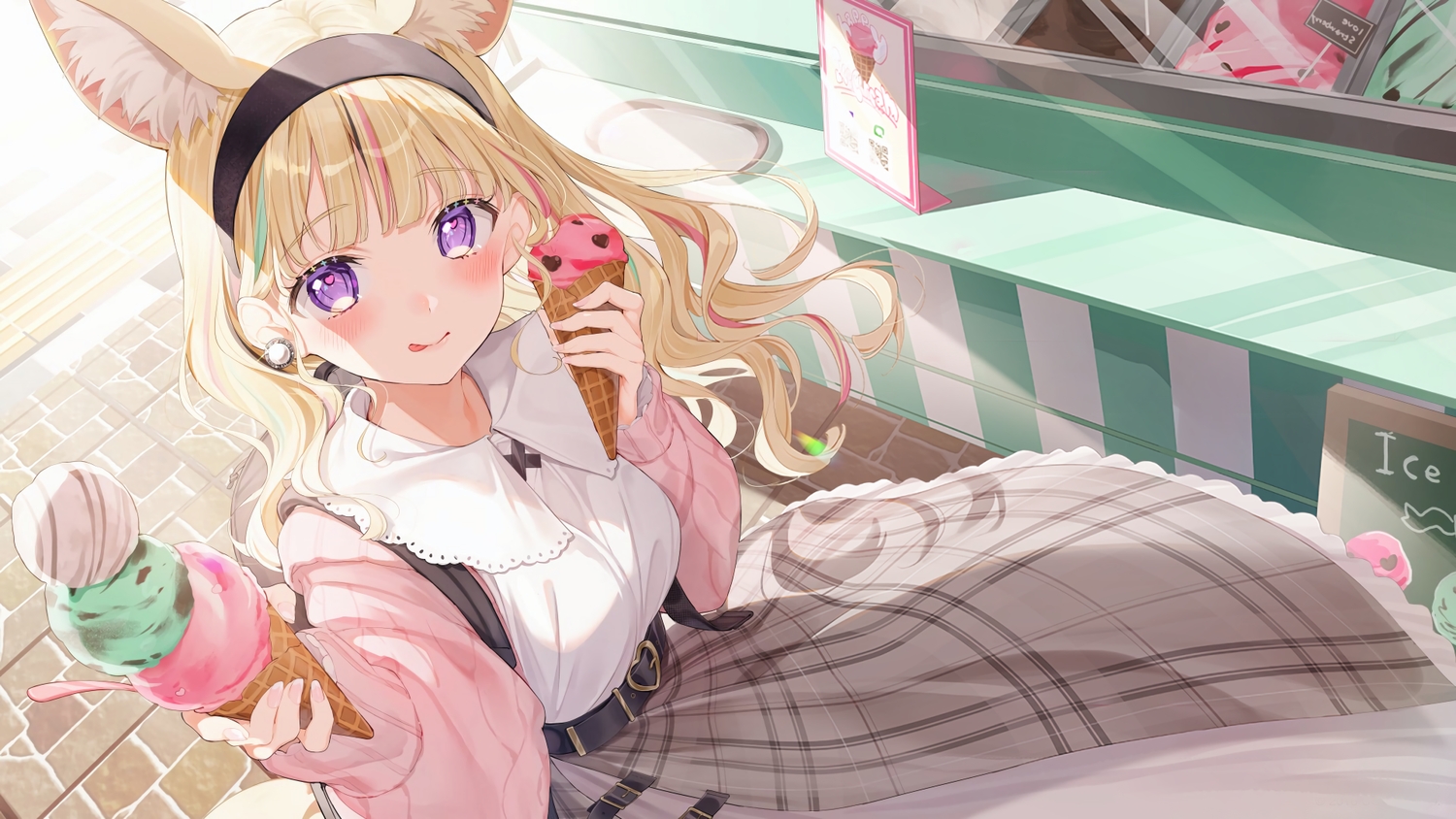 aliasing, animal_ears, blonde_hair, blush, food, foxgirl, headband, hololive
