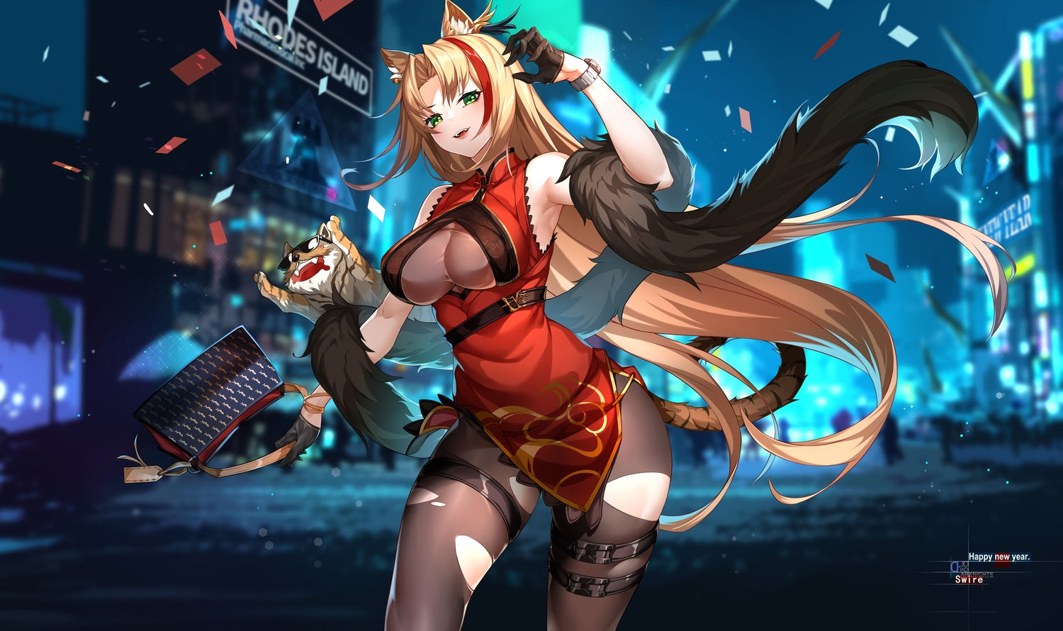 animal_ears, arknights, blonde_hair, catgirl, chinese_clothes, chinese_dress, dress, egoist-001, green_eyes, long_hair, pantyhose, swire_(arknights), tail, torn_clothes