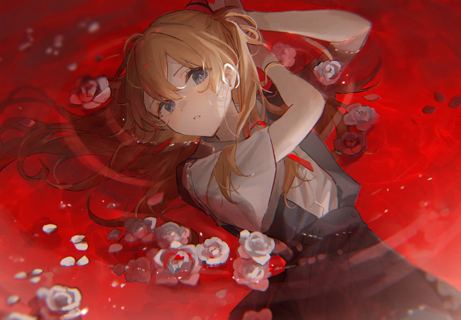 blue_eyes, flowers, long_hair, neon_genesis_evangelion, orange_hair, oyuyu, red, rose