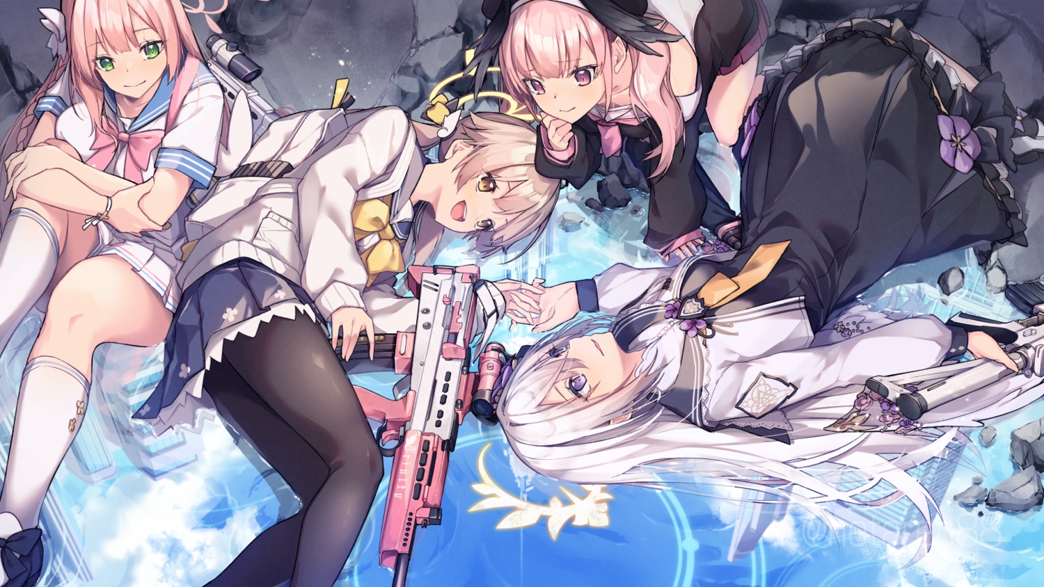 ajitani_hifumi, blue_archive, bow, braids, brown_hair, clouds, gray_hair, green_eyes, group, gun, halo, hat, hetaren_(ramark), kneehighs, long_hair, pantyhose, pink_eyes, pink_hair, purple_eyes, reflection, school_uniform, shimoe_koharu, shirasu_azusa, skirt, sky, twintails, urawa_hanako, weapon