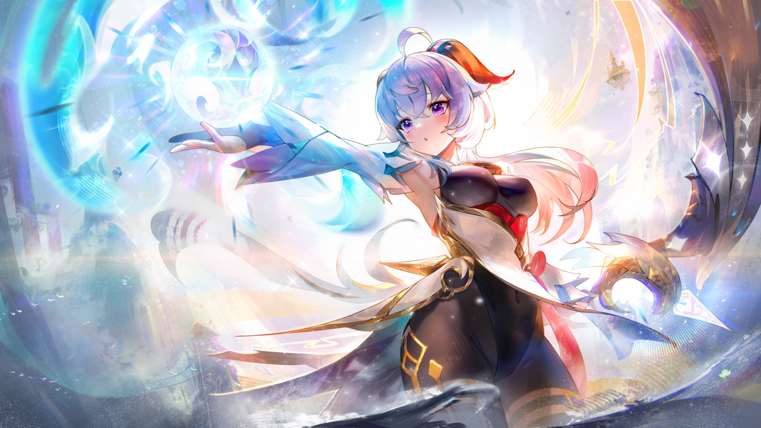 blue_hair, bow_(weapon), ganyu_(genshin_impact), genshin_impact, horns, janyhero, leotard, long_hair