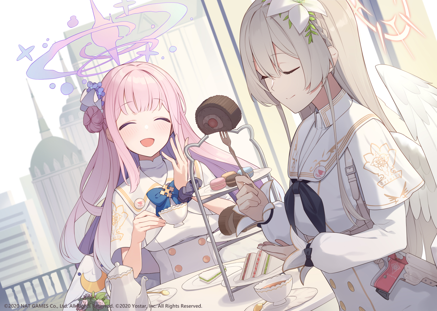 2girls, aliasing, blue_archive, braids, building, cake, drink, enosan_q