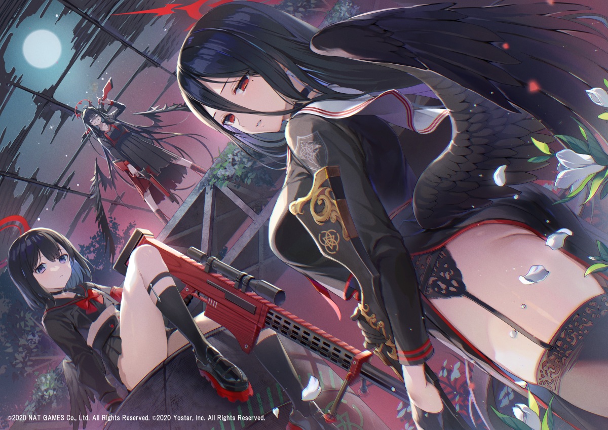 black_hair, blue_archive, garter_belt, gloves, gun, halo, hanekawa_hasumi, kenzaki_tsurugi, moon, night, purple_eyes, red_eyes, school_uniform, shizuyama_mashiro, sky, stockings, vivi_(eve_no_hakoniwa), weapon, wings