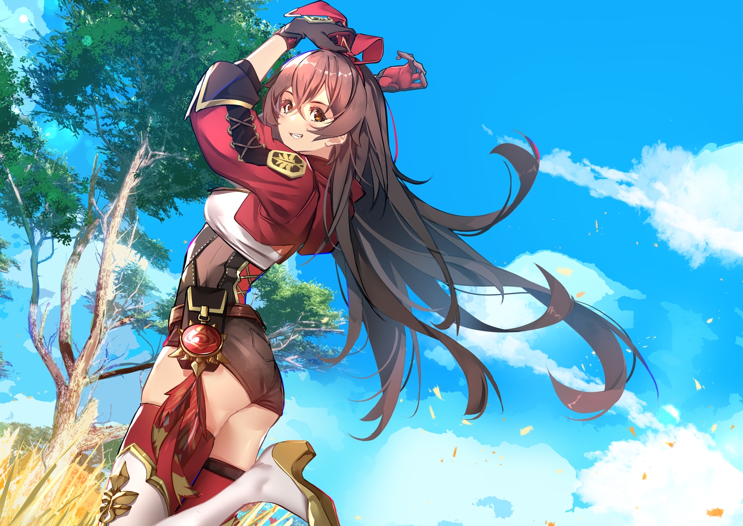 amber_(genshin_impact), ass, brown_hair, clouds, genshin_impact, long_hair, sky, sydus