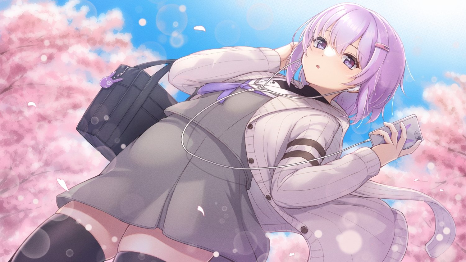 cherry_blossoms, flowers, headphones, petals, phone, purple_eyes, purple_hair, school_uniform