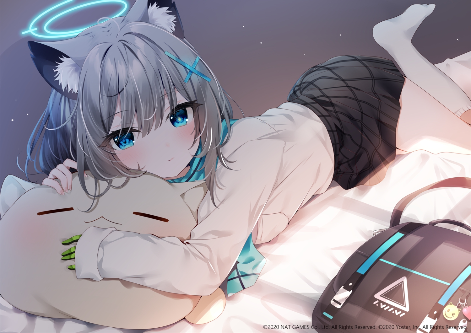 animal_ears, aqua_eyes, bed, blue_archive, blush, gray_hair, halo, kneehighs