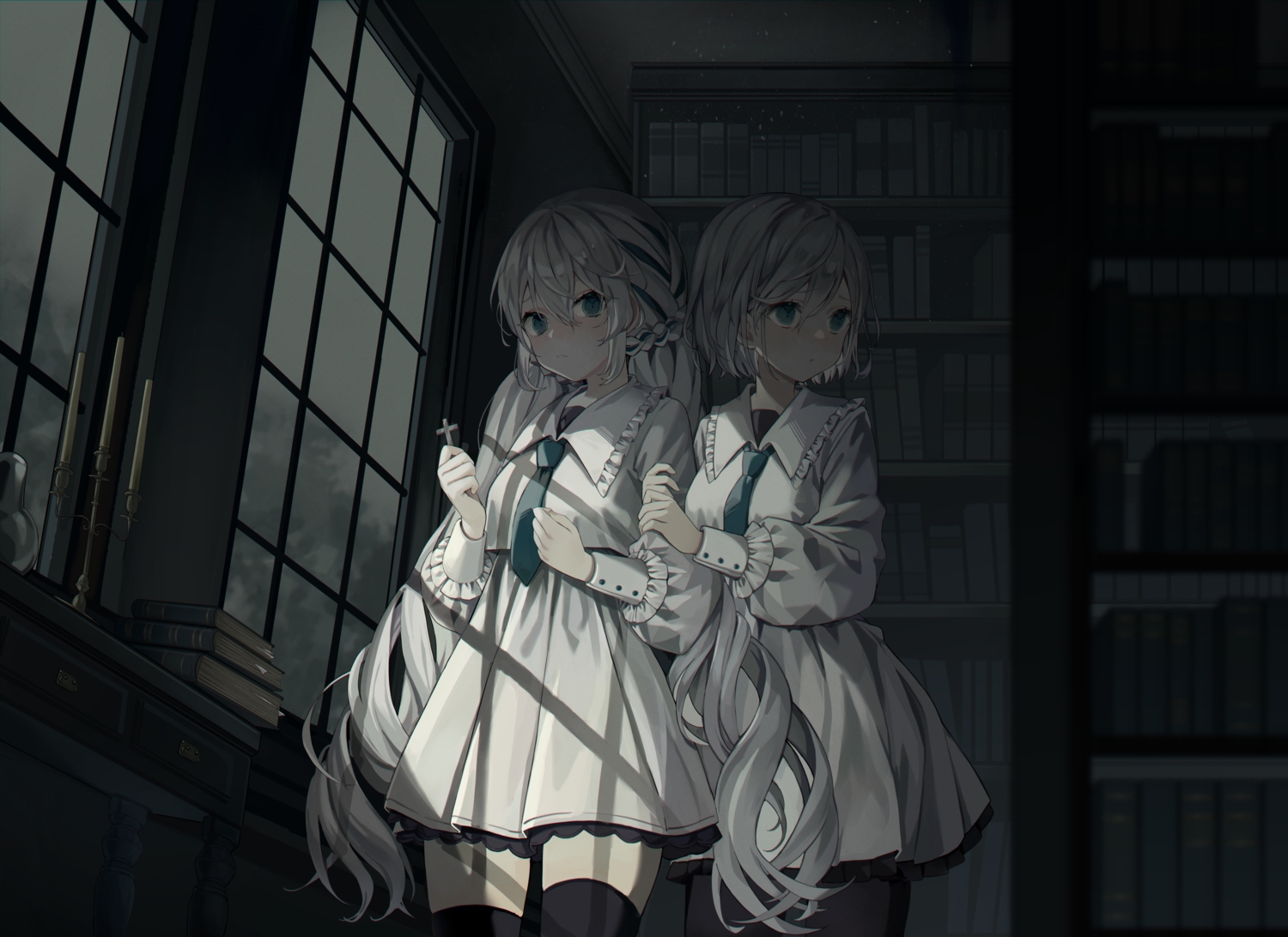 2girls, bizette, cross, dark, gray_hair, long_hair, original, school_uniform, short_hair, thighhighs, zettai_ryouiki