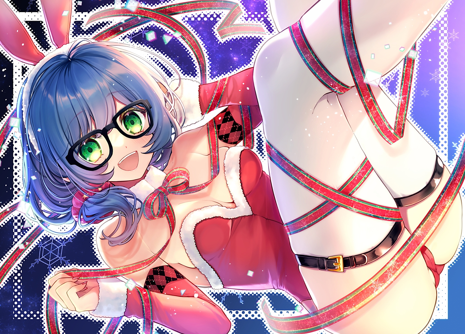 asahi_rokka, bang_dream!, cameltoe, christmas, glasses, leotard, ribbons, thighhighs