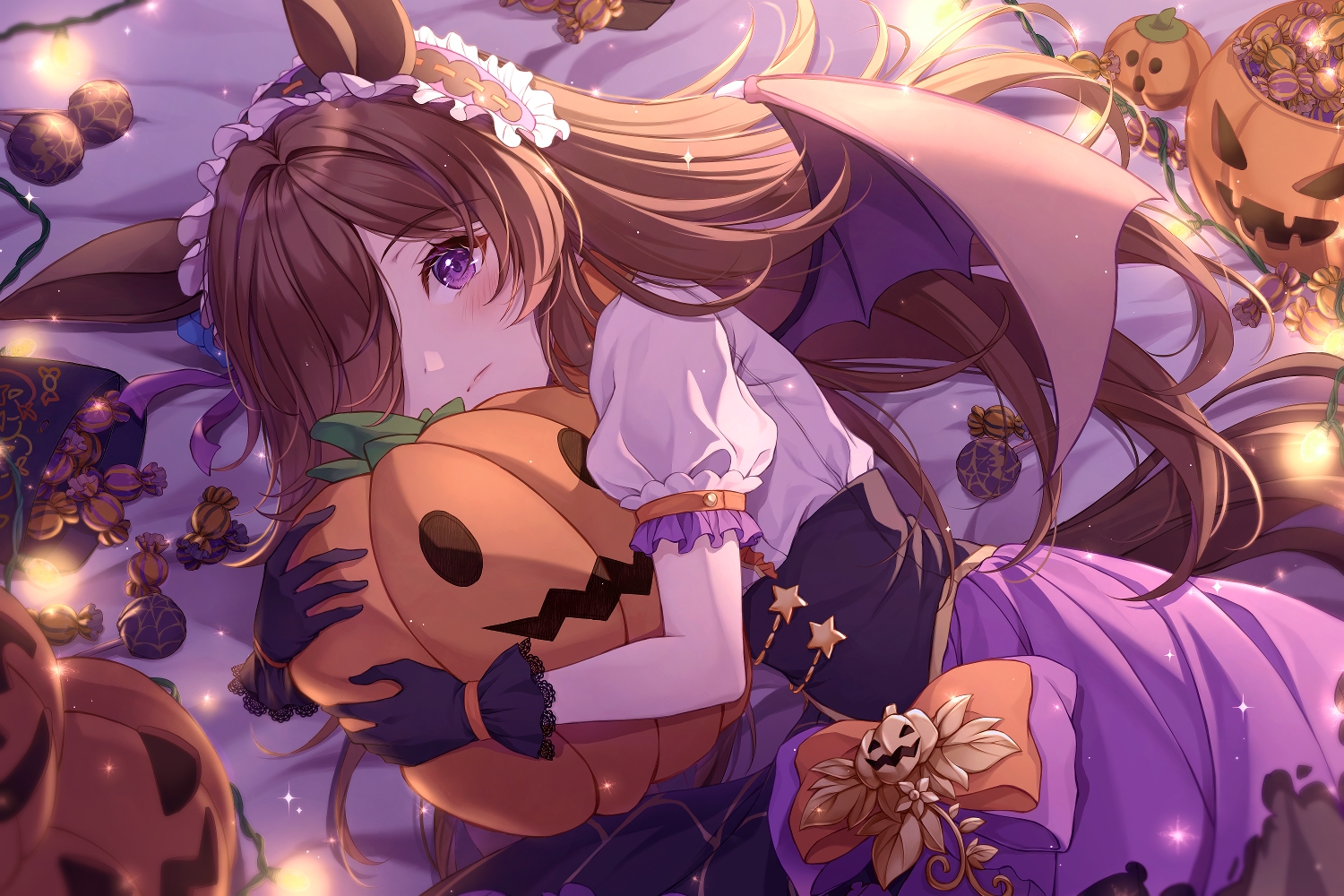 animal_ears, anthropomorphism, blush, bow, brown_hair, candy, dress, gloves