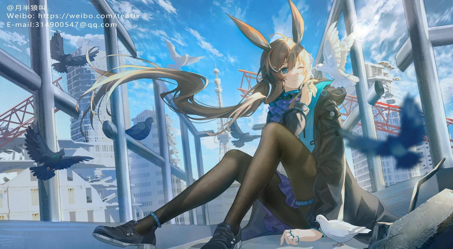 amiya_(arknights), animal, animal_ears, arknights, bird, blue_eyes, brown_hair, building