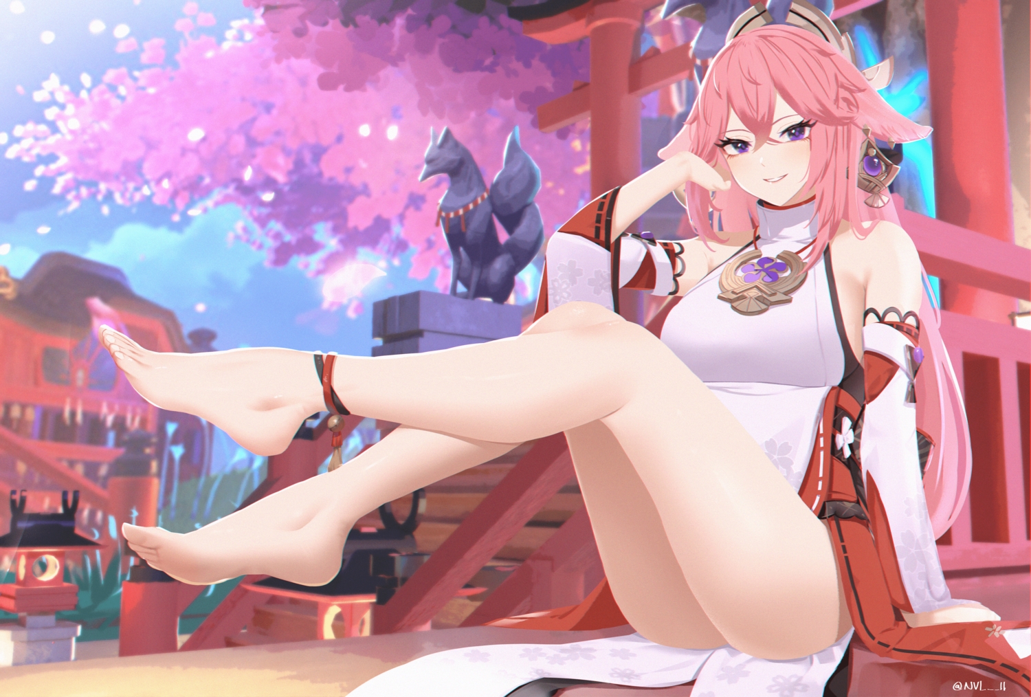 animal_ears, barefoot, foxgirl, genshin_impact, headdress, japanese_clothes, long_hair, nvl