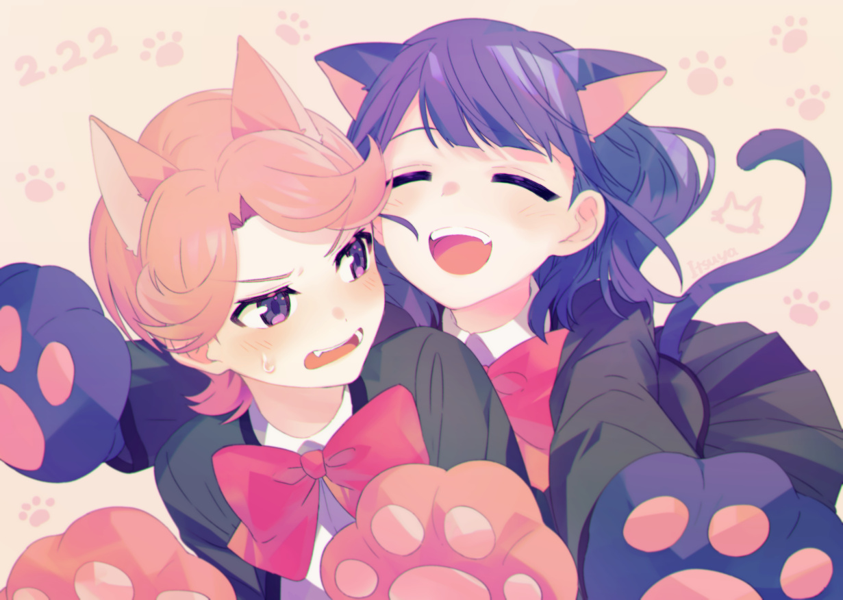 2girls, animal_ears, blush, bow, catgirl, cosplay, gloves, hanayagi_kaoruko, isurugi_futaba, itsuya_(daystar), long_hair, pink_hair, purple_eyes, purple_hair, short_hair, shoujo_kageki_revue_starlight, signed