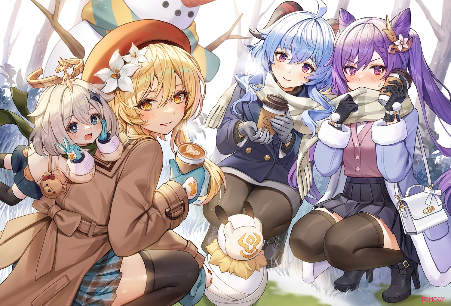 blonde_hair, blue_hair, blush, braids, drink, ganyu_(genshin_impact), genshin_impact, gloves, gray_hair, group, halo, horns, keqing_(genshin_impact), loli, lumine_(genshin_impact), paimon_(genshin_impact), pantyhose, purple_eyes, purple_hair, scarf, school_uniform, signed, skirt, snow, snowman, thighhighs, tomogy, tree, twintails, winter