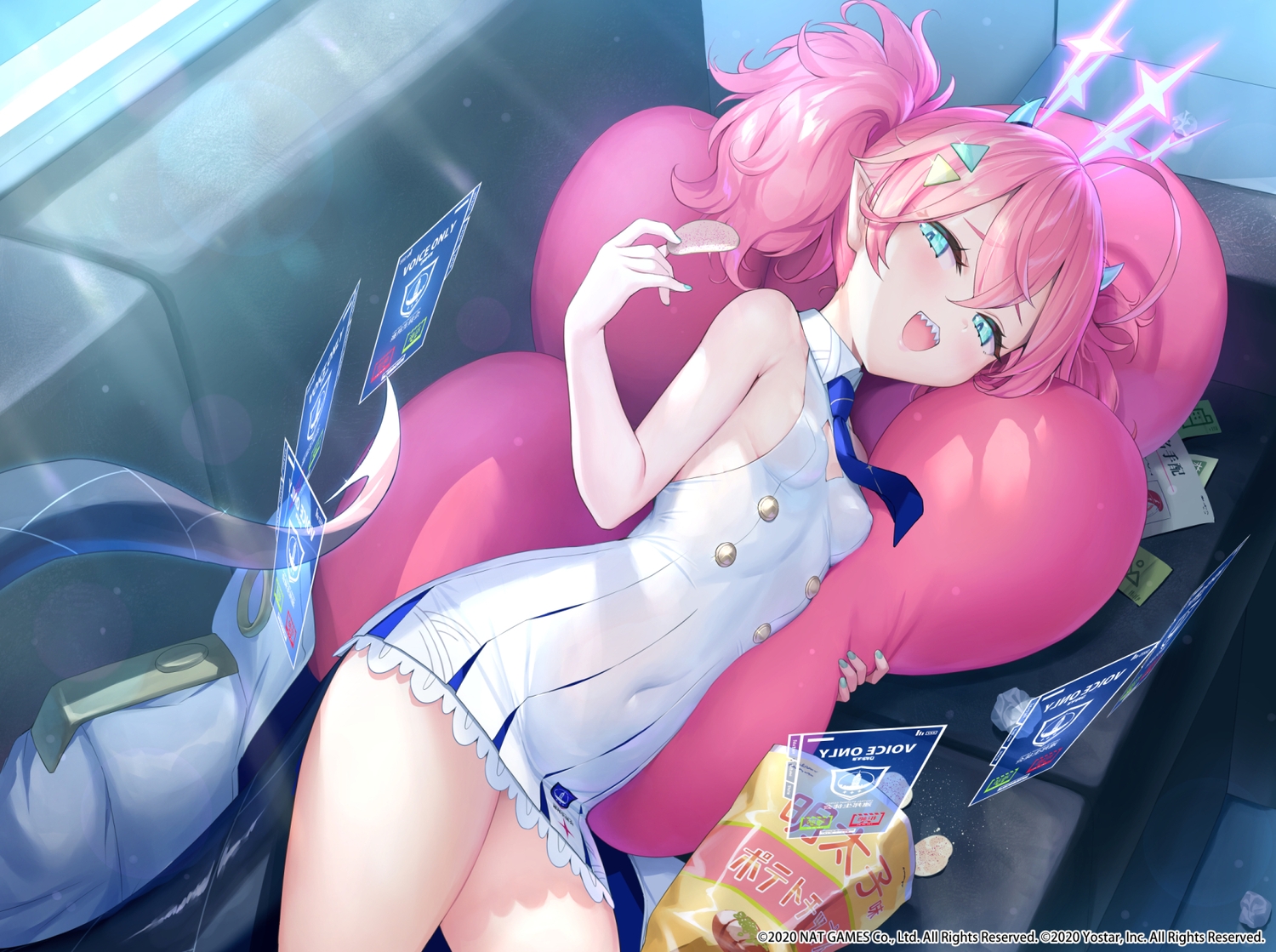 aqua_eyes, blue_archive, blush, couch, dress, erect_nipples, food, horns, matanonki, pink_hair, pointed_ears, skintight, tie, twintails, watermark, yuragi_momoka