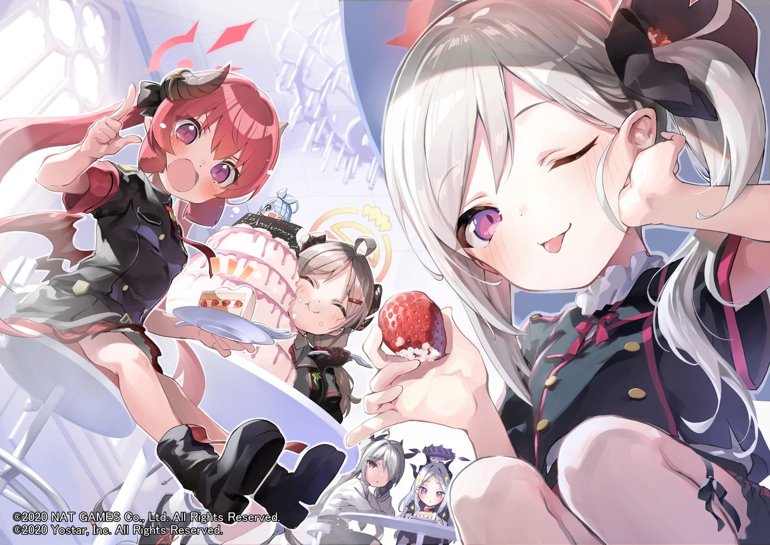 akashi_junko, arona_(blue_archive), asagi_mutsuki, blue_archive, blush, boots, brown_hair, cake