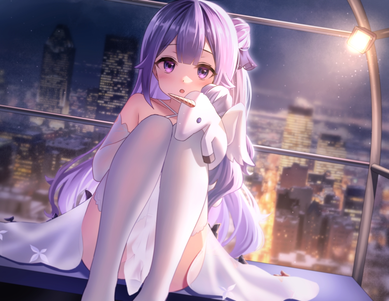 anthropomorphism, azur_lane, blush, building, city, dress, loli, long_hair, neit_ni_sei, night, purple_eyes, purple_hair, see_through, thighhighs, unicorn_(azur_lane)