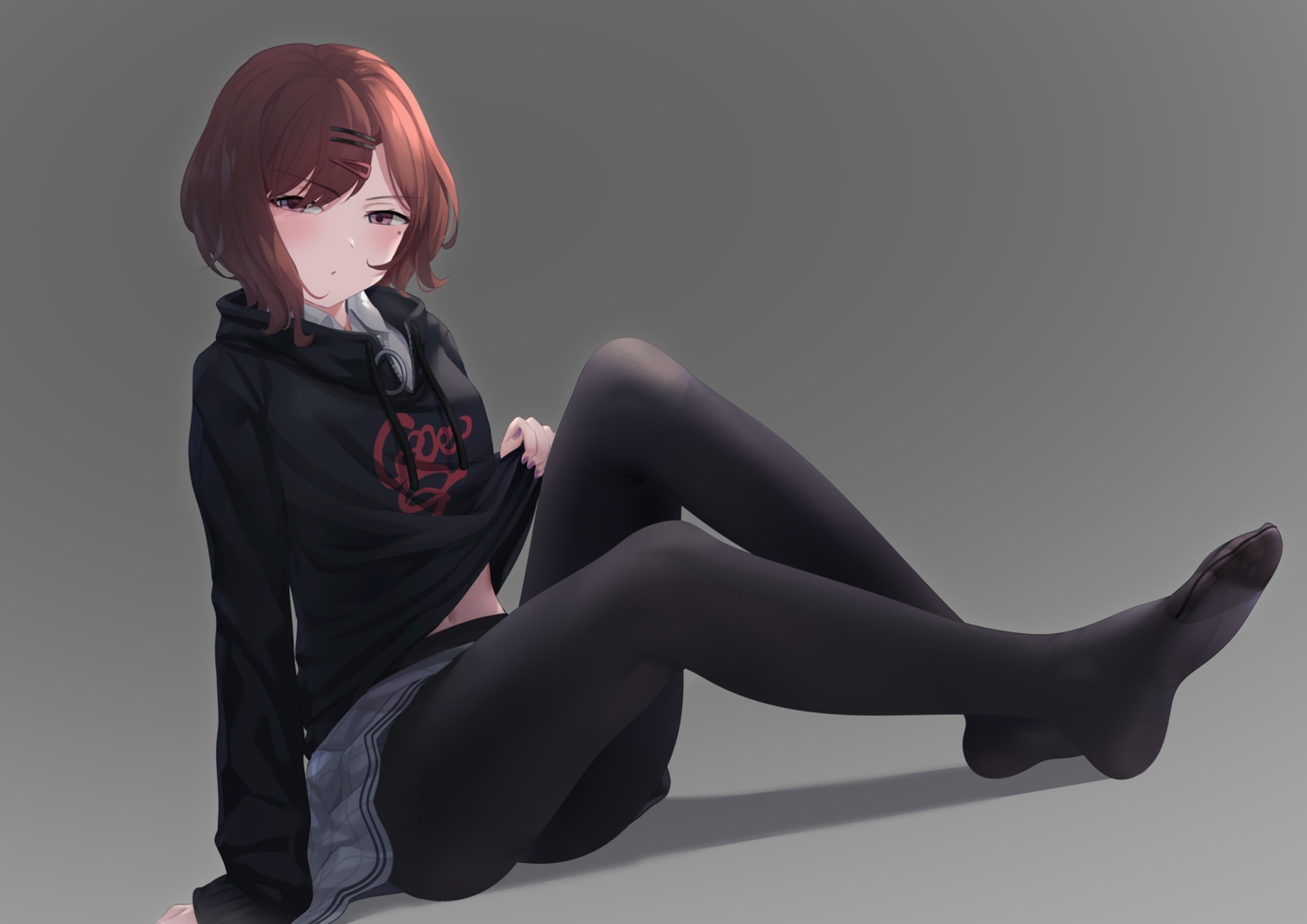 brown_hair, gradient, gray, higuchi_madoka, idolmaster, idolmaster_shiny_colors, navel, pantyhose