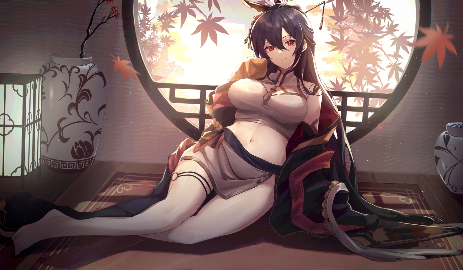 autumn, leaves, long_hair, navel, purple_hair, red_eyes, uina