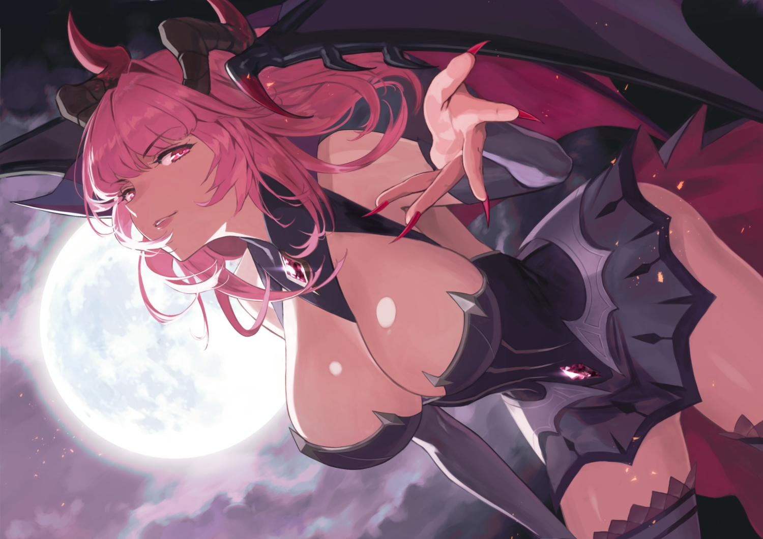 breasts, cleavage, dress, fubuki_(fakemonkey0224), horns, long_hair, moon, night, pink_eyes, pink_hair, sky, tagme_(character), wings, zettai_ryouiki