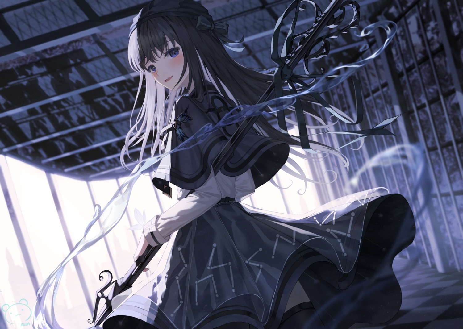 aliasing, black_hair, blue_eyes, blush, bow, cape, hat, long_hair, original, ruda_(ruda_e), shirt, signed, staff, thighhighs