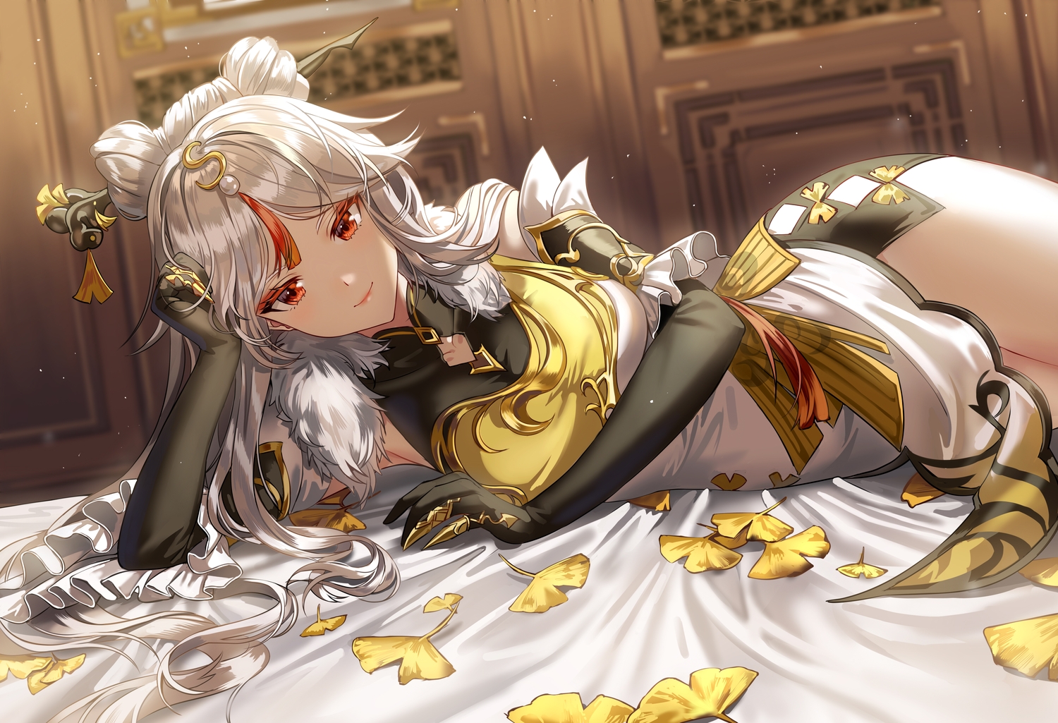 chinese_clothes, chinese_dress, dress, elbow_gloves, genshin_impact, gloves, leaves, long_hair, ningguang_(genshin_impact), red_eyes, silence_girl, white_hair