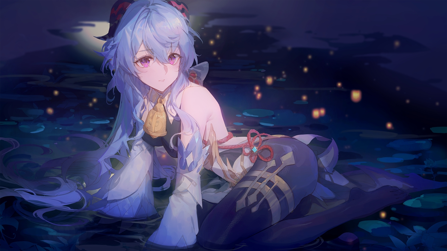 bell, blue_hair, ganyu_(genshin_impact), genshin_impact, horns, kuroduki, long_hair, pantyhose