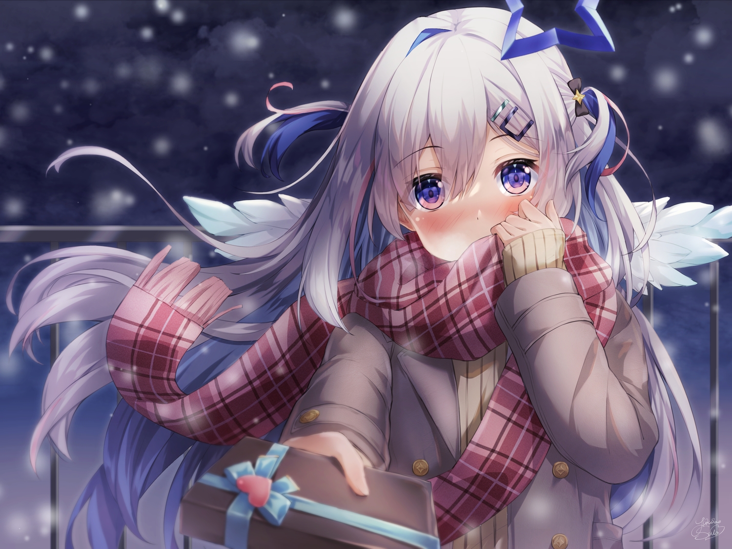 amane_kanata, angel, halo, hololive, long_hair, purple_eyes, school_uniform, snow, valentine, wings, yukikawa_sara