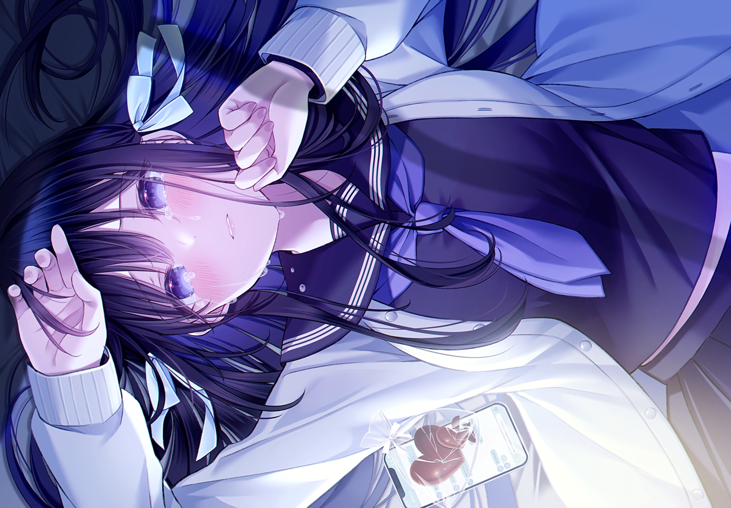 bed, blush, chocolate, crying, kuro_namako, long_hair, original, phone, purple_eyes, purple_hair, school_uniform, tears, valentine