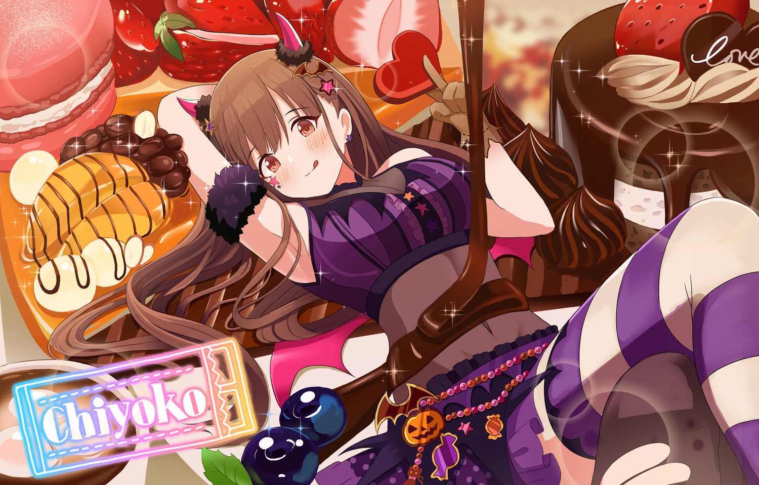 blush, brown_hair, cake, chocolate, food, fruit, horns, idolmaster, idolmaster_shiny_colors, long_hair, red_eyes, sonoda_chiyoko, strawberry, sylph_kim, thighhighs, torn_clothes, valentine