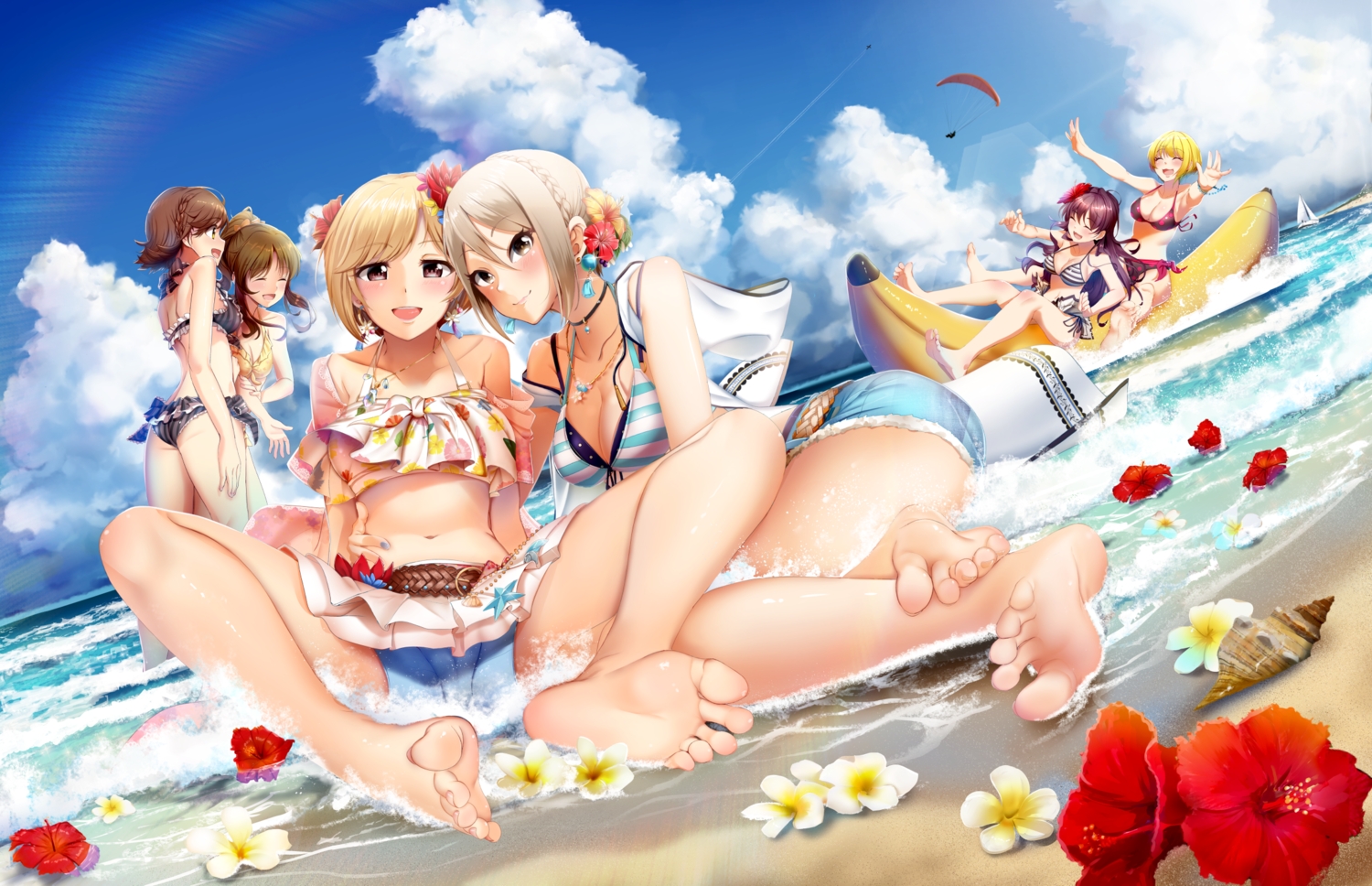 aiba_yumi, barefoot, beach, bikini, blonde_hair, braids, brown_eyes, brown_hair, cameltoe, casino_(casinoep), clouds, flowers, group, honda_mio, ichinose_shiki, idolmaster, idolmaster_cinderella_girls, long_hair, miyamoto_frederica, necklace, ponytail, purple_hair, shiomi_shuuko, short_hair, sky, swimsuit, takamori_aiko, water