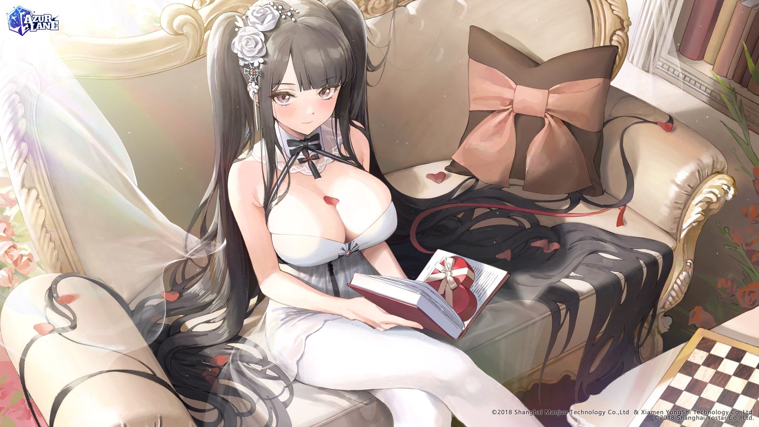 ame_(uten_cancel), anthropomorphism, azur_lane, black_hair, blush, book, breasts, cleavage, couch, dress, logo, long_hair, pantyhose, petals, peter_strasser_(azur_lane), purple_eyes, twintails, valentine