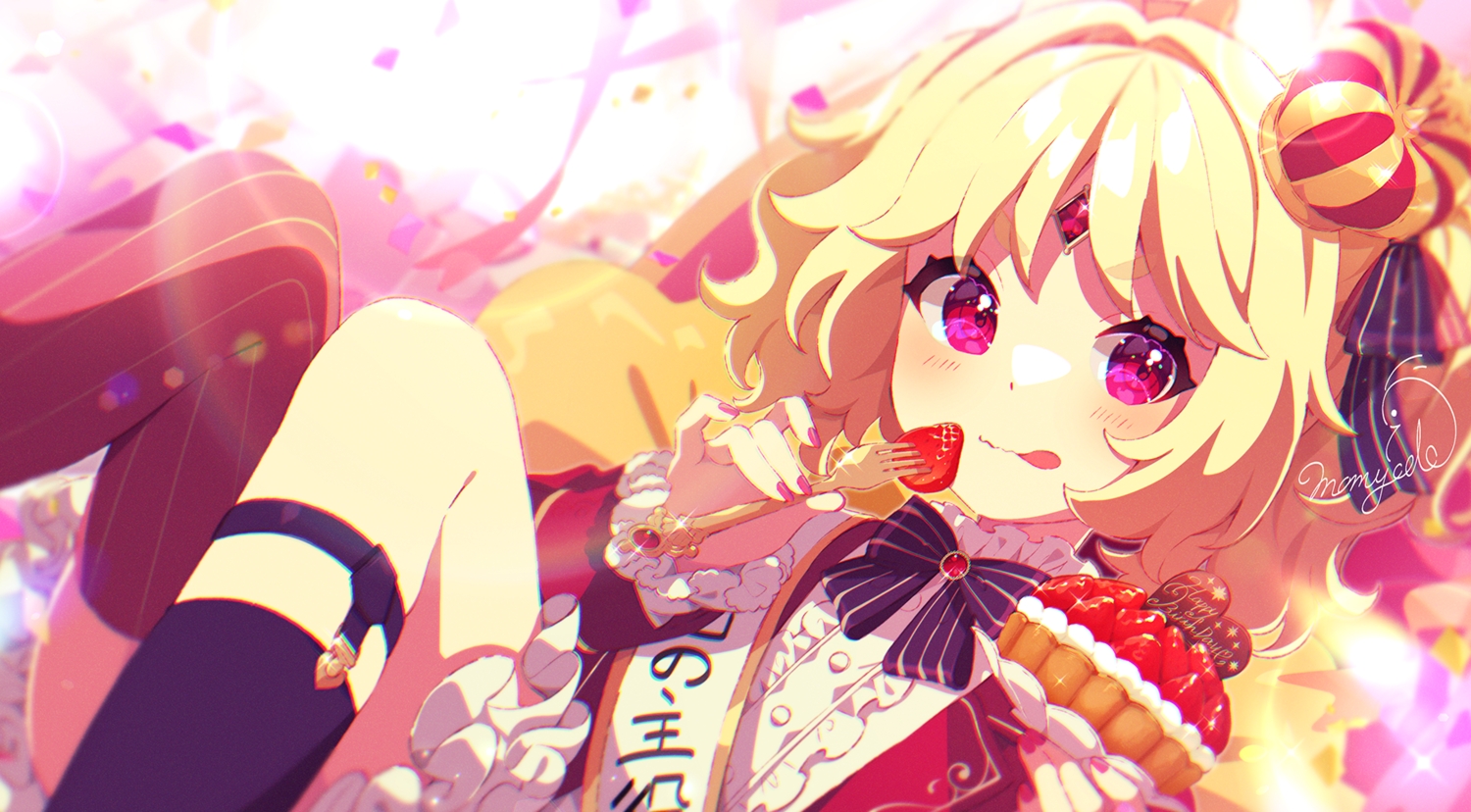 blonde_hair, blush, bow, chocolate, crown, food, fruit, garter