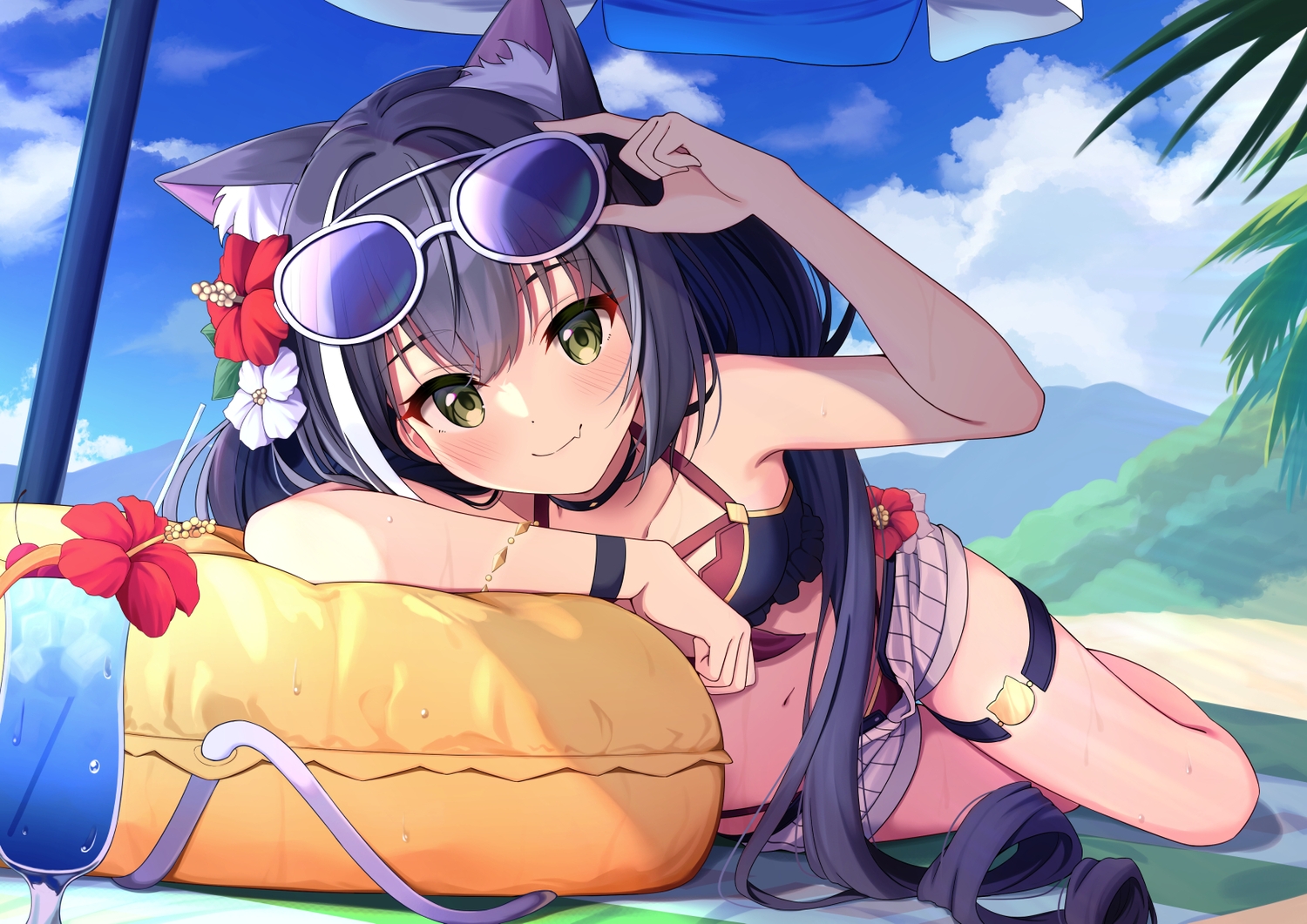 animal_ears, beach, bikini_top, blush, catgirl, clouds, drink, flowers