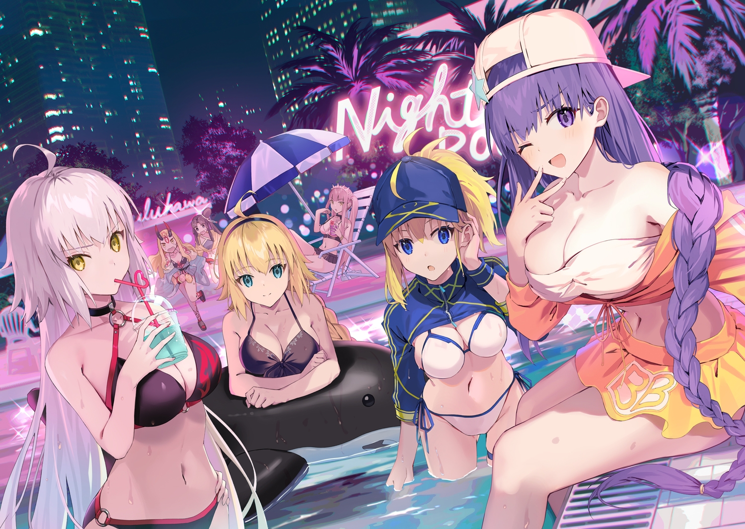 artoria_pendragon_(all), bb_(fate), bikini, blonde_hair, blue_eyes, braids, brown_hair, building