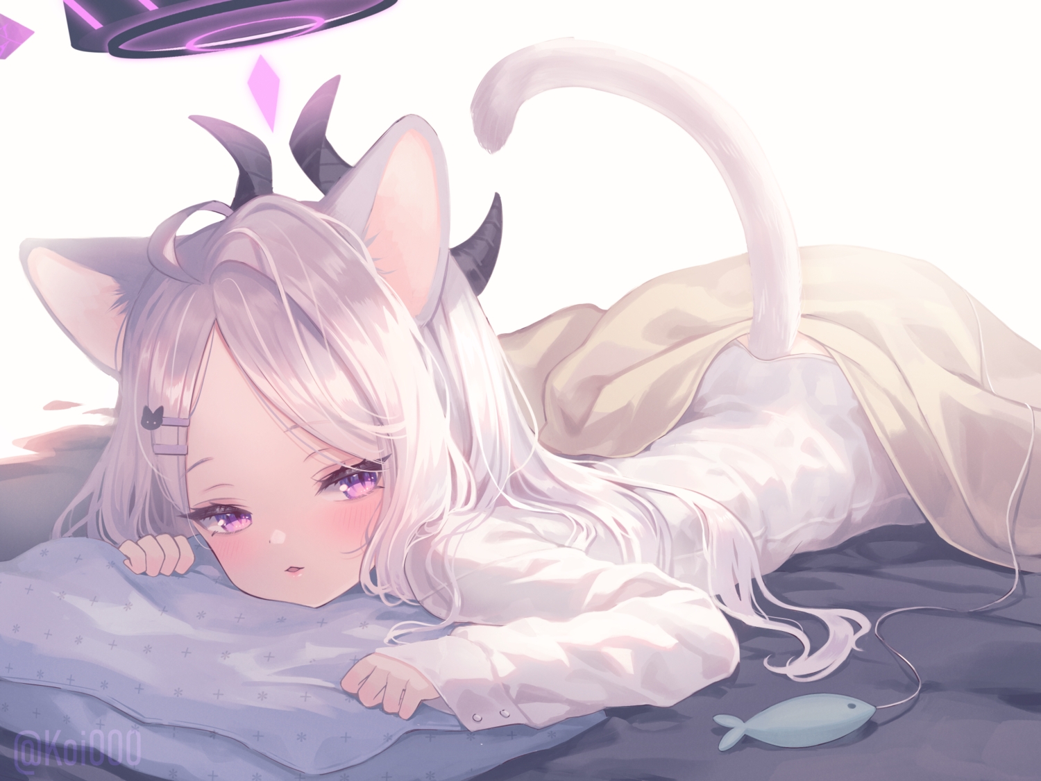 animal_ears, bed, blue_archive, blush, catgirl, halo, horns, loli, long_hair, nishiki_koi, purple_eyes, shirt, sorasaki_hina, tail, third-party_edit, watermark, white_hair