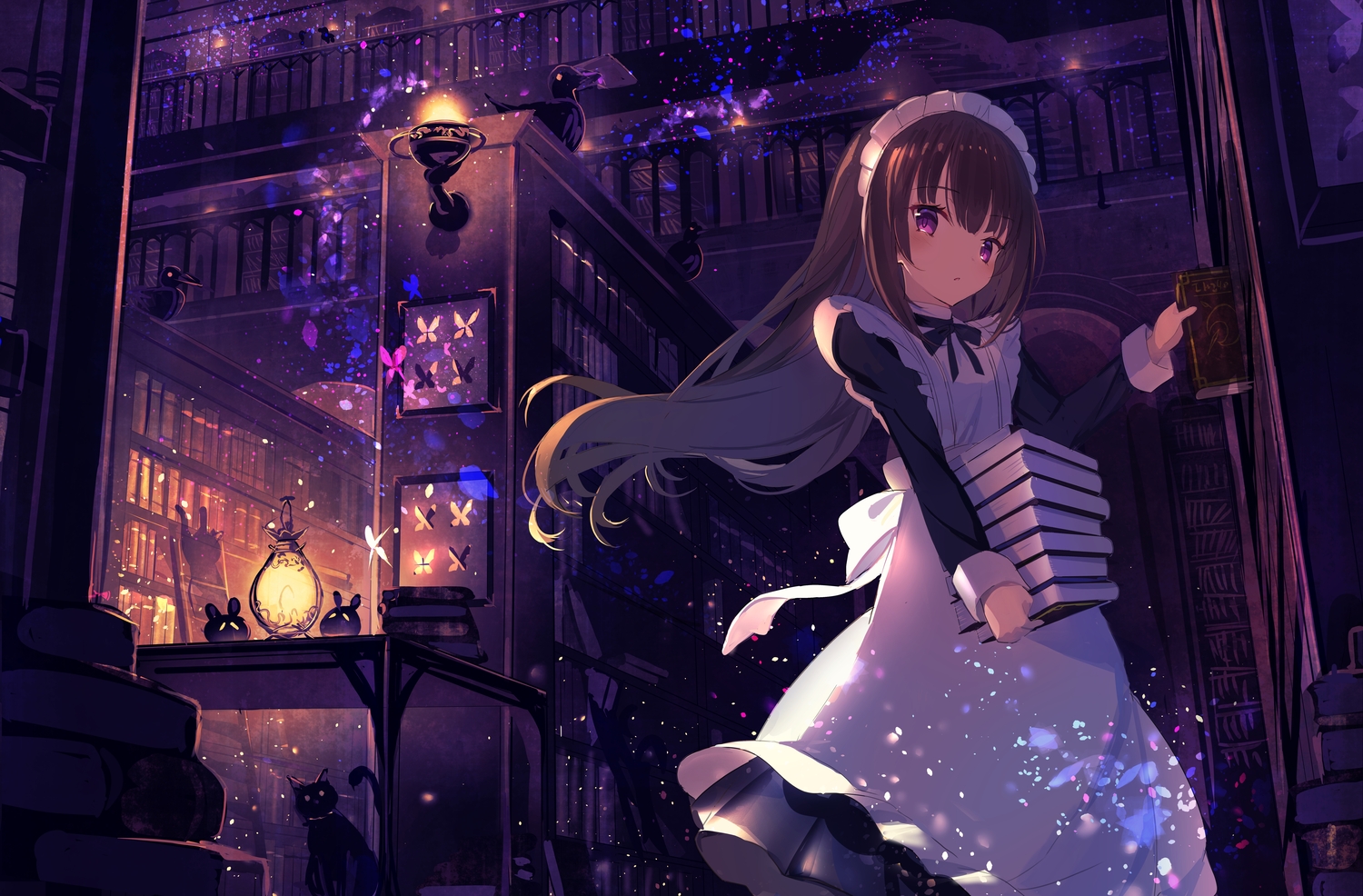 animal, book, brown_hair, cat, dark, headband, long_hair, maid, original, purple_eyes, tatsukisan