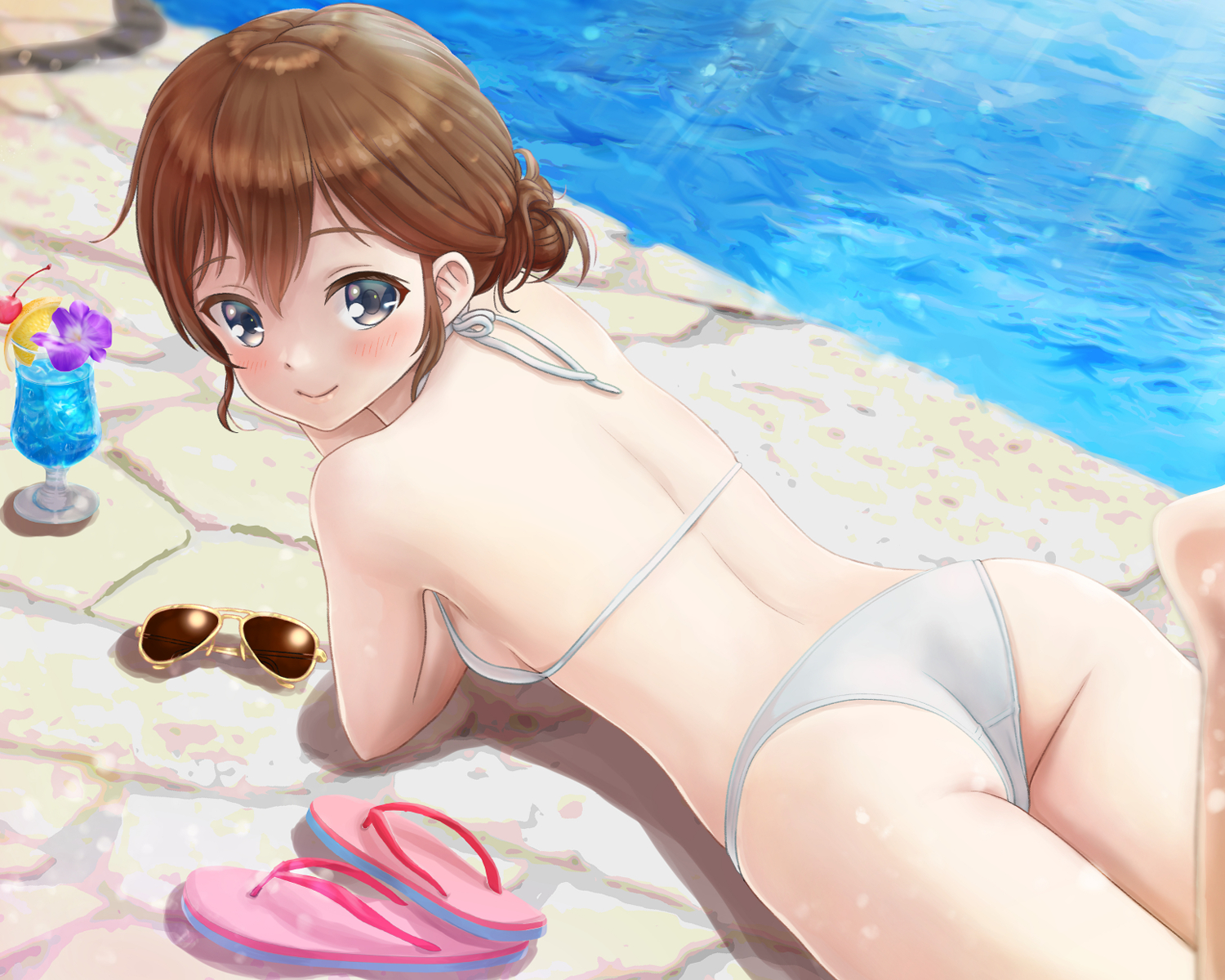 ass, bikini, black_eyes, blush, brown_hair, drink, original, swimsuit, water, yachiyo_naga