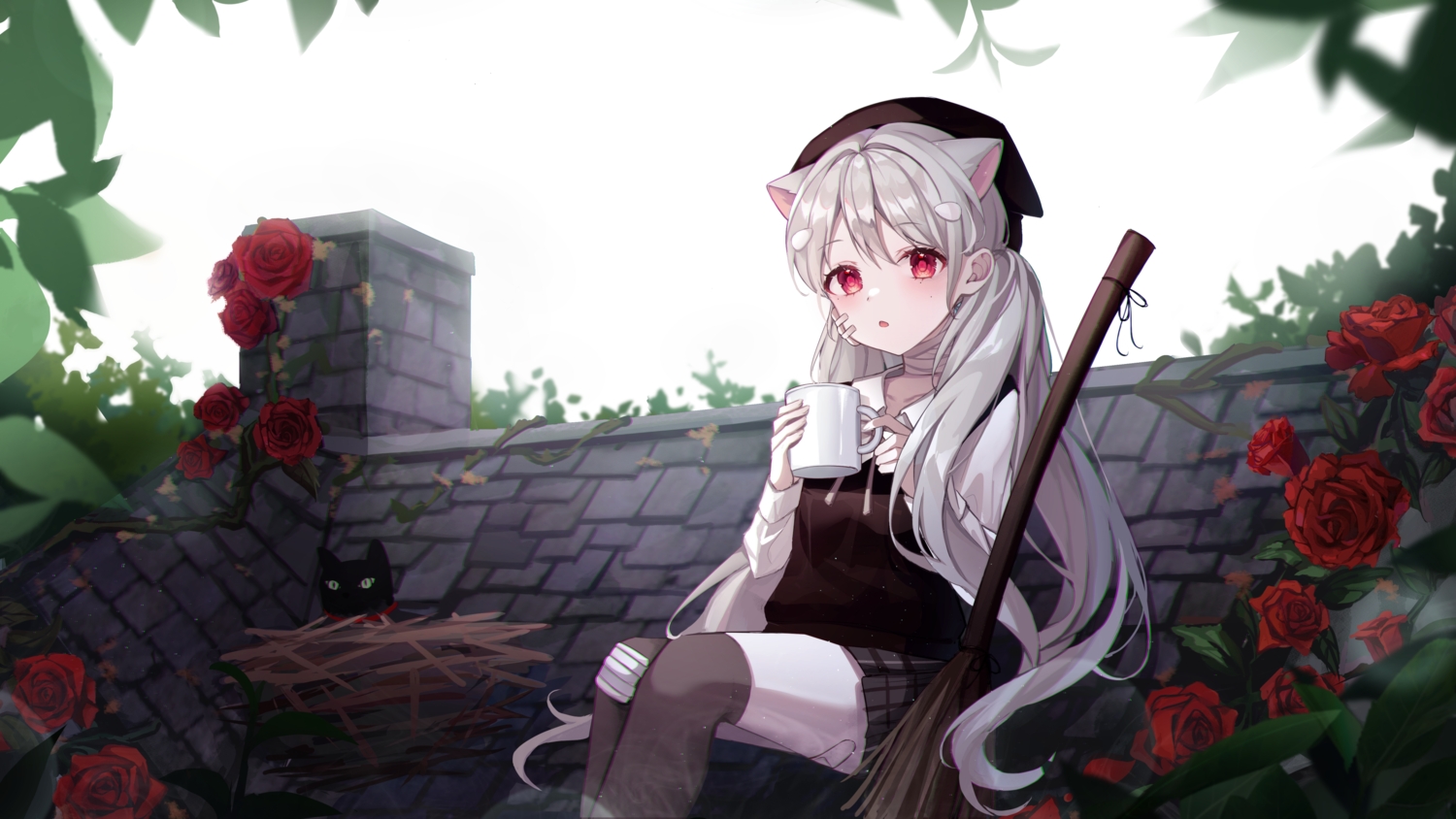 animal, bandaid, building, cat, eunyoo, flowers, gray_hair, hat