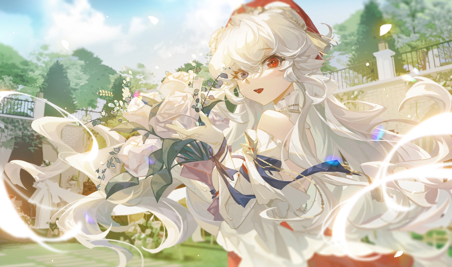 arknights, bicolored_eyes, clouds, dress, long_hair, rosa_(arknights), sky, tree