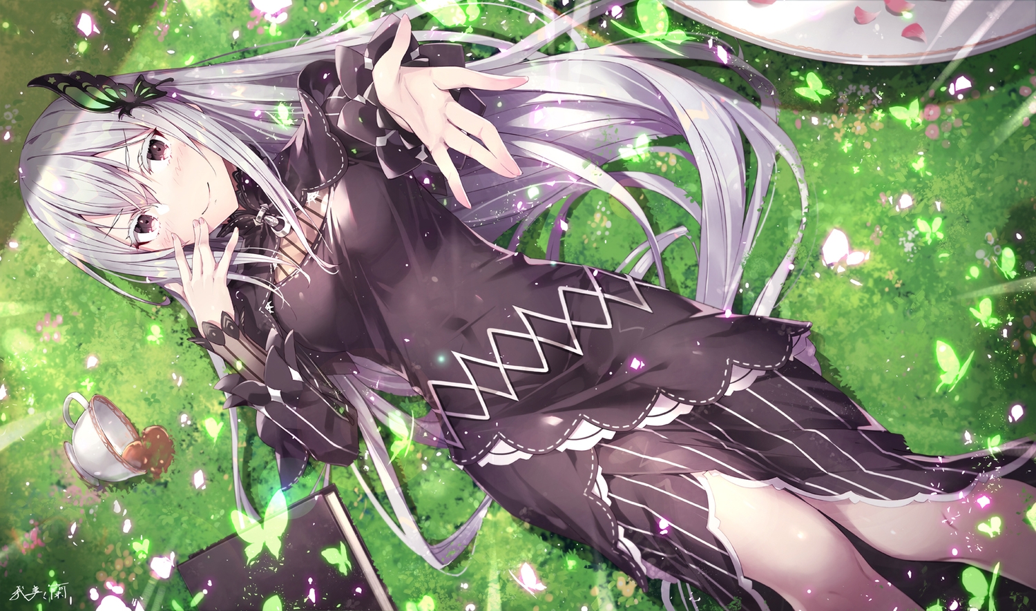 blush, book, butterfly, dress, echidna_(re:zero), gabiran, grass, green, long_hair, re:zero_kara_hajimeru_isekai_seikatsu, white_hair