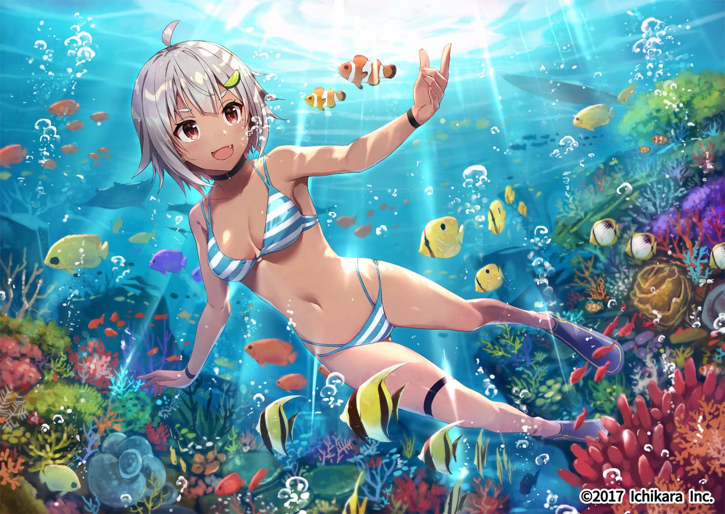 animal, breasts, cleavage, collar, dark_skin, fang, fish, gabiran