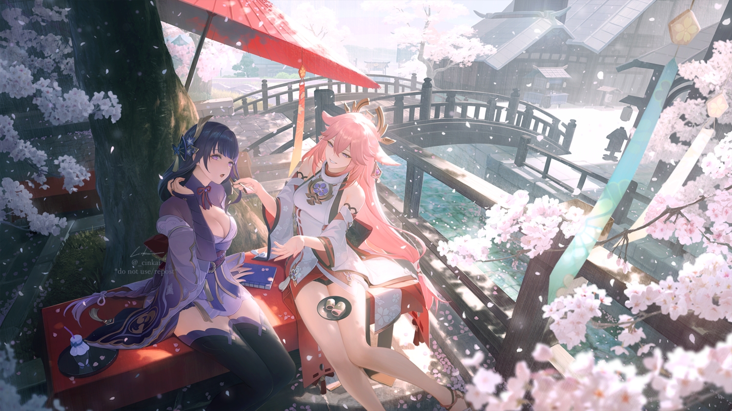 2girls, animal_ears, breasts, building, cherry_blossoms, cinkai, cleavage, flowers