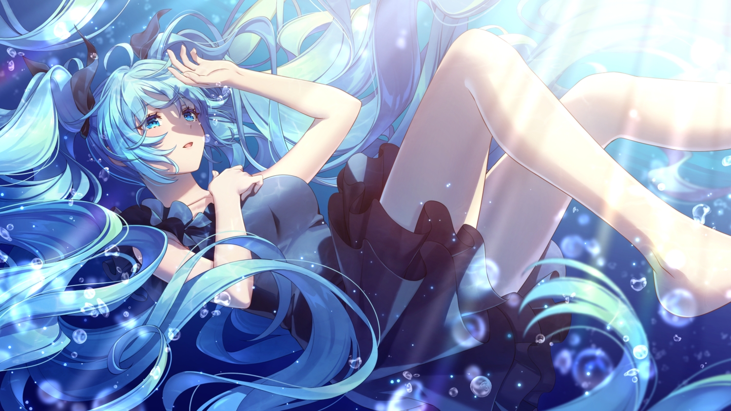 aqua_eyes, aqua_hair, barefoot, breast_hold, bshi_edayo, bubbles, deep-sea_girl_(vocaloid), dress