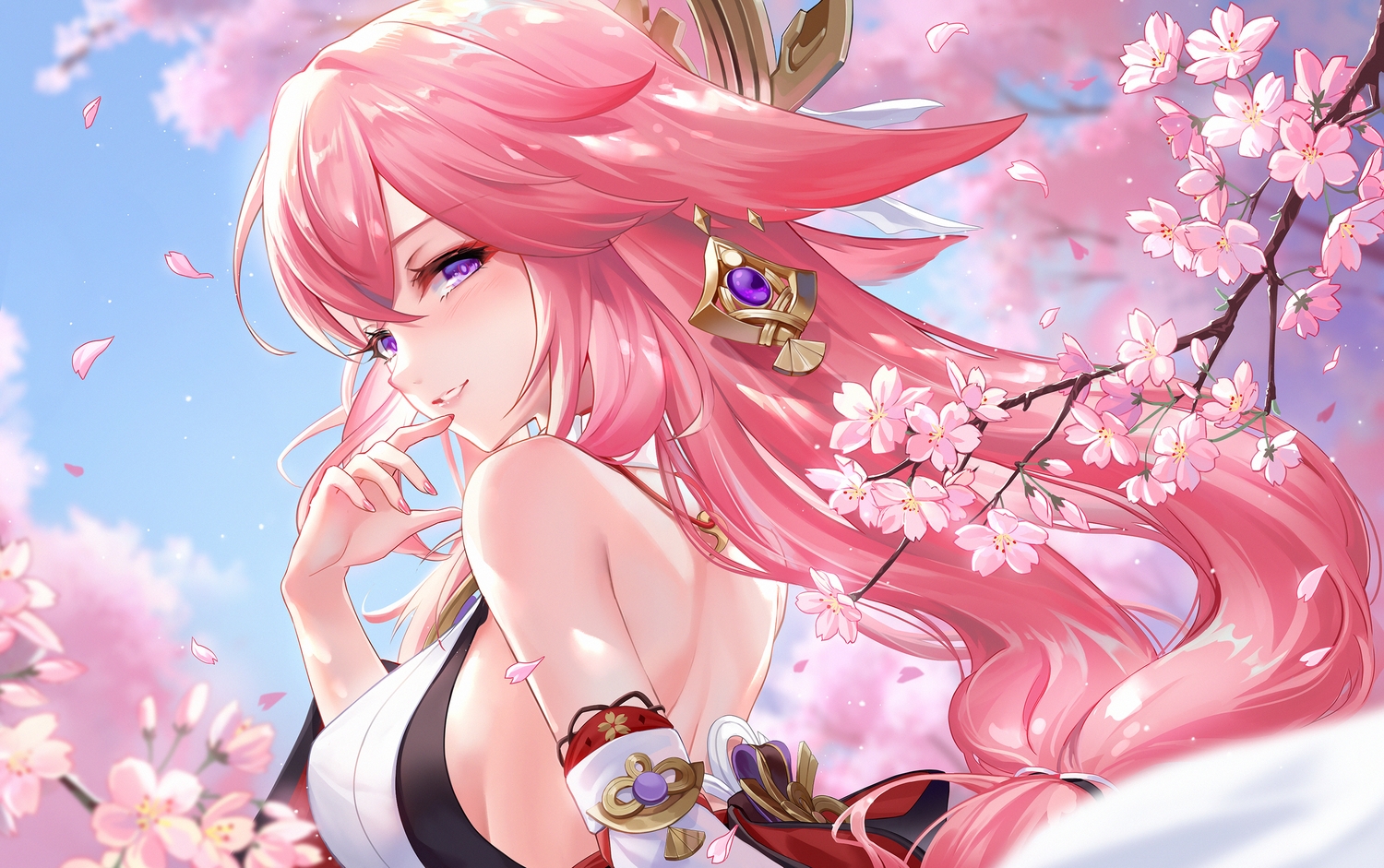 animal_ears, blush, cherry_blossoms, close, flowers, foxgirl, genshin_impact, lalazyt