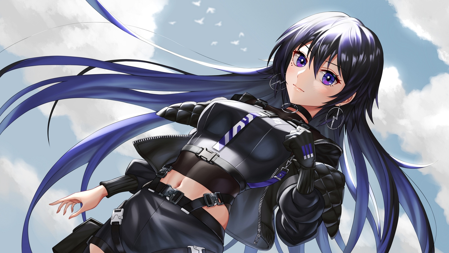 black_hair, blush, choker, close, clouds, elbow_gloves, e_no_maigo, gloves