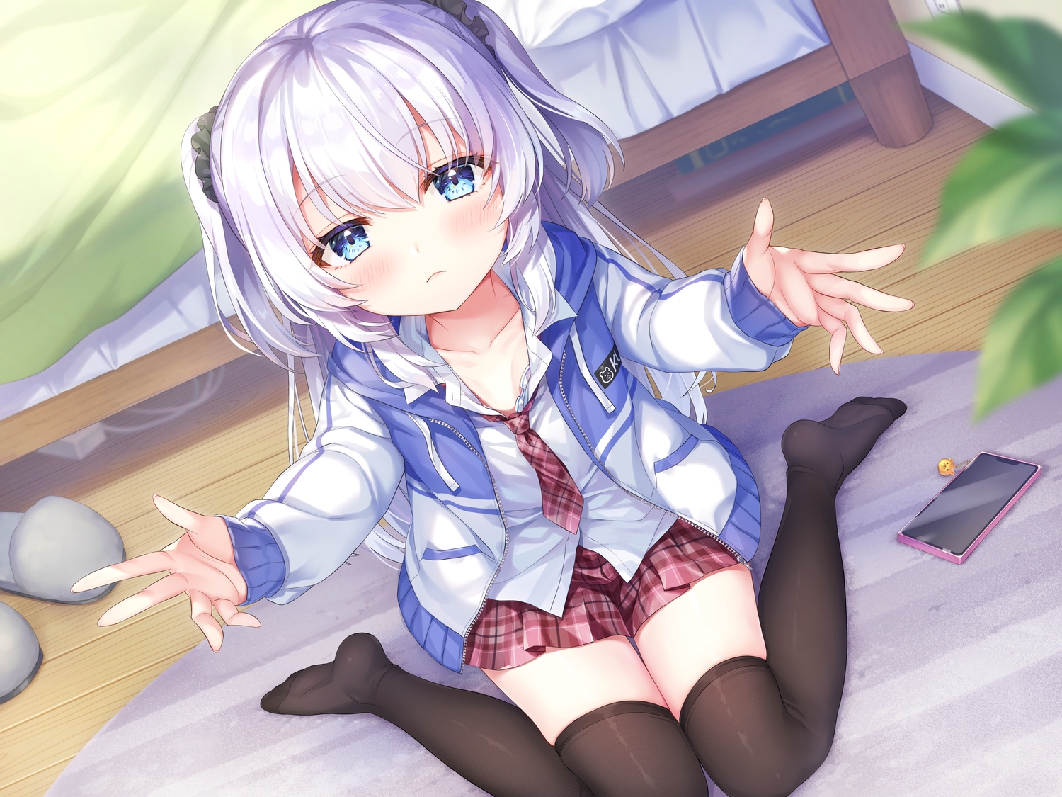 bed, blue_eyes, blush, gray_hair, hood, loli, long_hair, original, otosume_ruiko, phone, school_uniform, skirt, thighhighs, tie, twintails, zettai_ryouiki